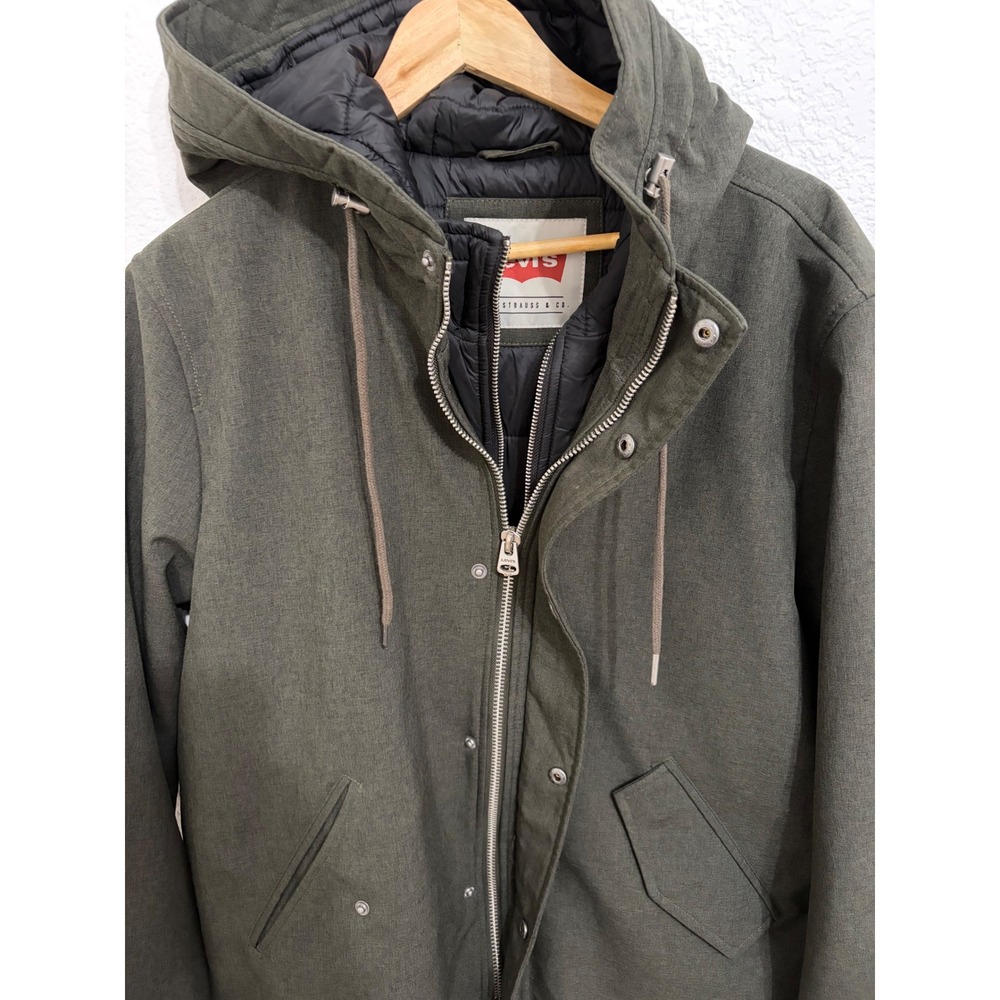 Levis Mens Hooded Parka Jacket Olive Green Quilted Lined Fishtail Coat Medium - Picture 3 of 9